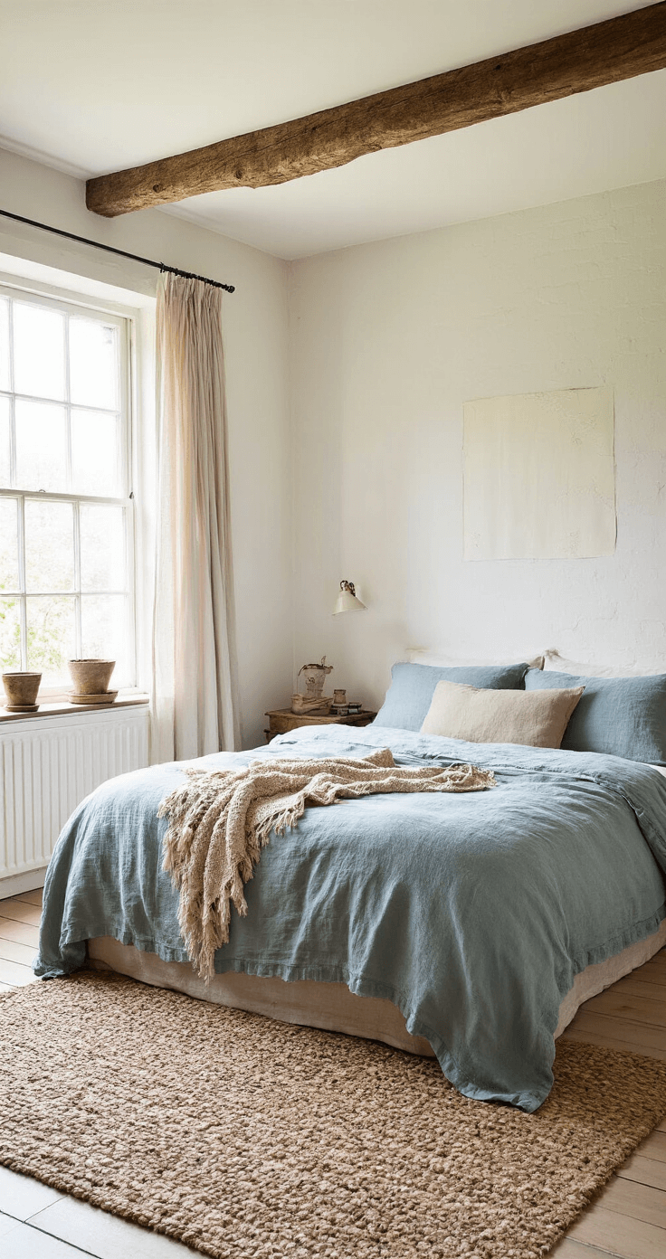 Rustieke slaapkamer van 4x5m met passiebloemen rond de raamkozijnen, zacht ochtendlicht dat door linnen gordijnen valt. Bed met natuurkleurige linnen en een vintage sprei in vergrijsd blauw, robuuste houten balken en kalkwitte muren. Handgeweven tapijt in aardetinten, gefotografeerd vanaf het hoofdeinde van het bed. Sfeer is landelijk romantisch.