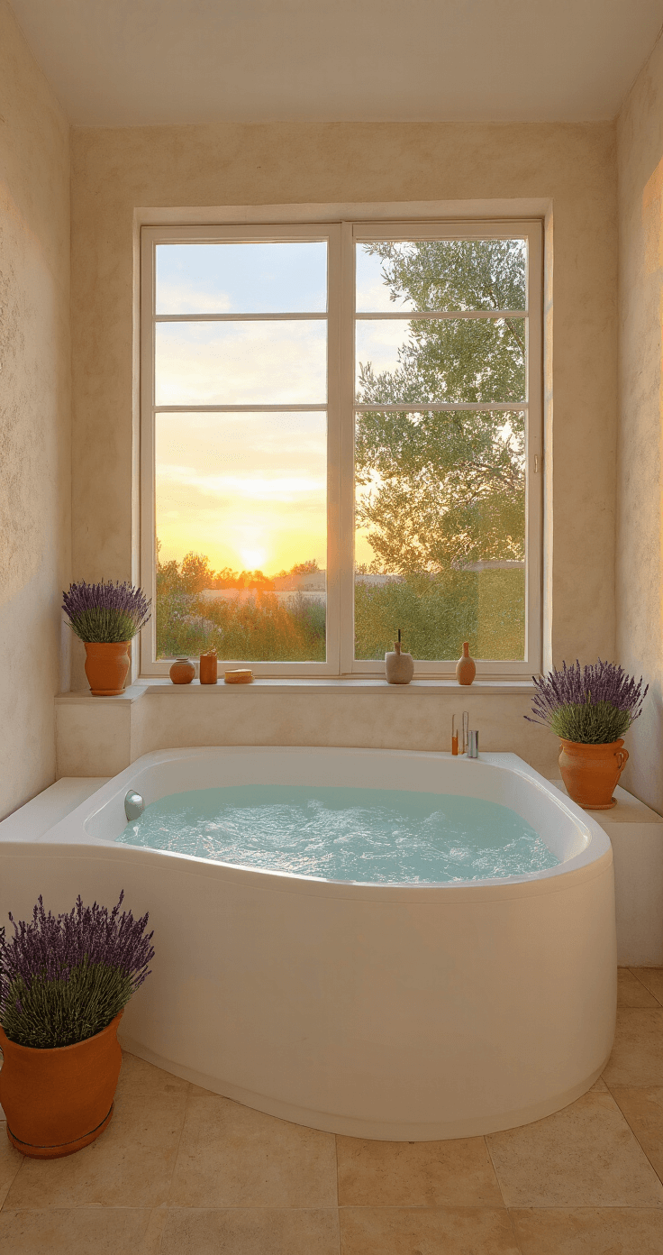 Mediterrane badkamer van 3x4m met een vrijstaand wit bad op hydraulische tegels, hoog raam met vuurdoorn zichtbaar, warm oranje avondzonlicht, natuurlijke materialen zoals kalkpleister en bamboe accessoires, terracotta potten met lavendel, diagonaal gefotografeerd voor een dynamisch effect, spa-achtige en zen sfeer.