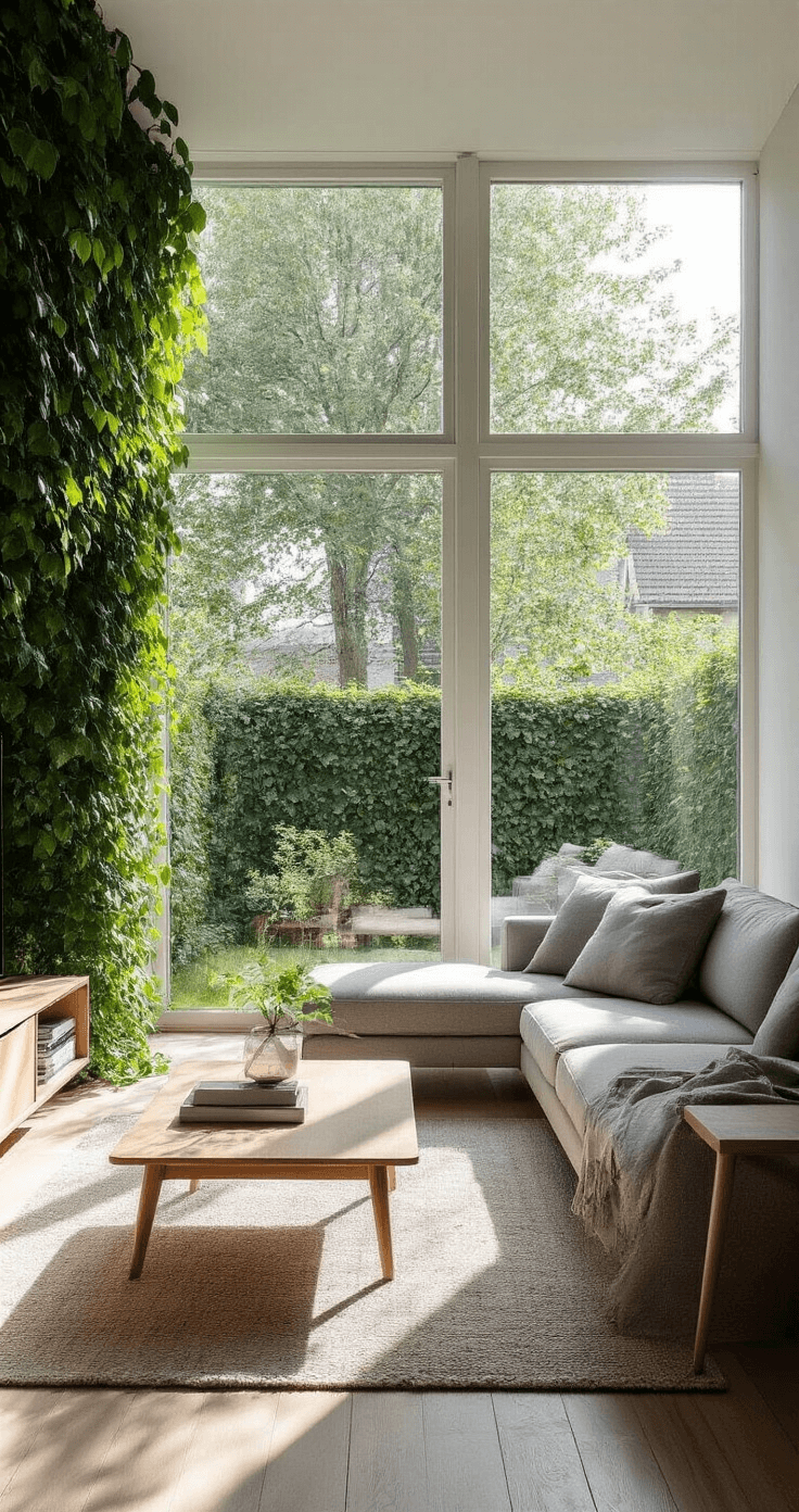 Moderne woonkamer met grote ramen, uitzicht op klimophaag, minimalistisch Scandinavisch interieur, lichtgrijze bank en eiken salontafel, zachte namiddagzon, groene reflecties op witte muren.