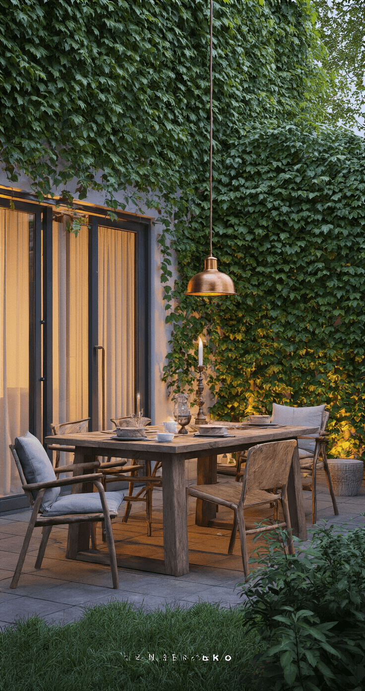 Eetkamer met openslaande deuren naar een klimoptuin, schemerlicht en een groene achtergrond van hedera hibernica. Robuuste houten eettafel met linnen stoelen, een koperen hanglamp en een klimopsilhouet weerspiegeld in een glazen wand. Laag standpunt, warme avondsfeer.