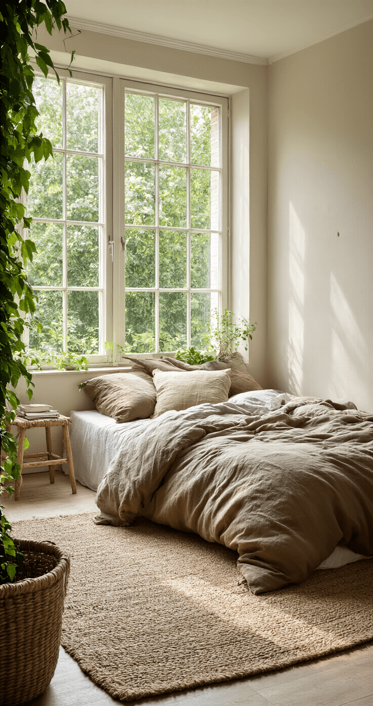 Intieme slaapkamer van 4x5 meter met een klimop-omlijst erkerraam. Vroeg ochtendlicht valt door hedera colchica. Linnen bedtextiel in aardetinten met rotan hoofdbord en jute vloerkleed. Klimopschaduw op crèmekleurige muren, gezien vanaf de deurpost.