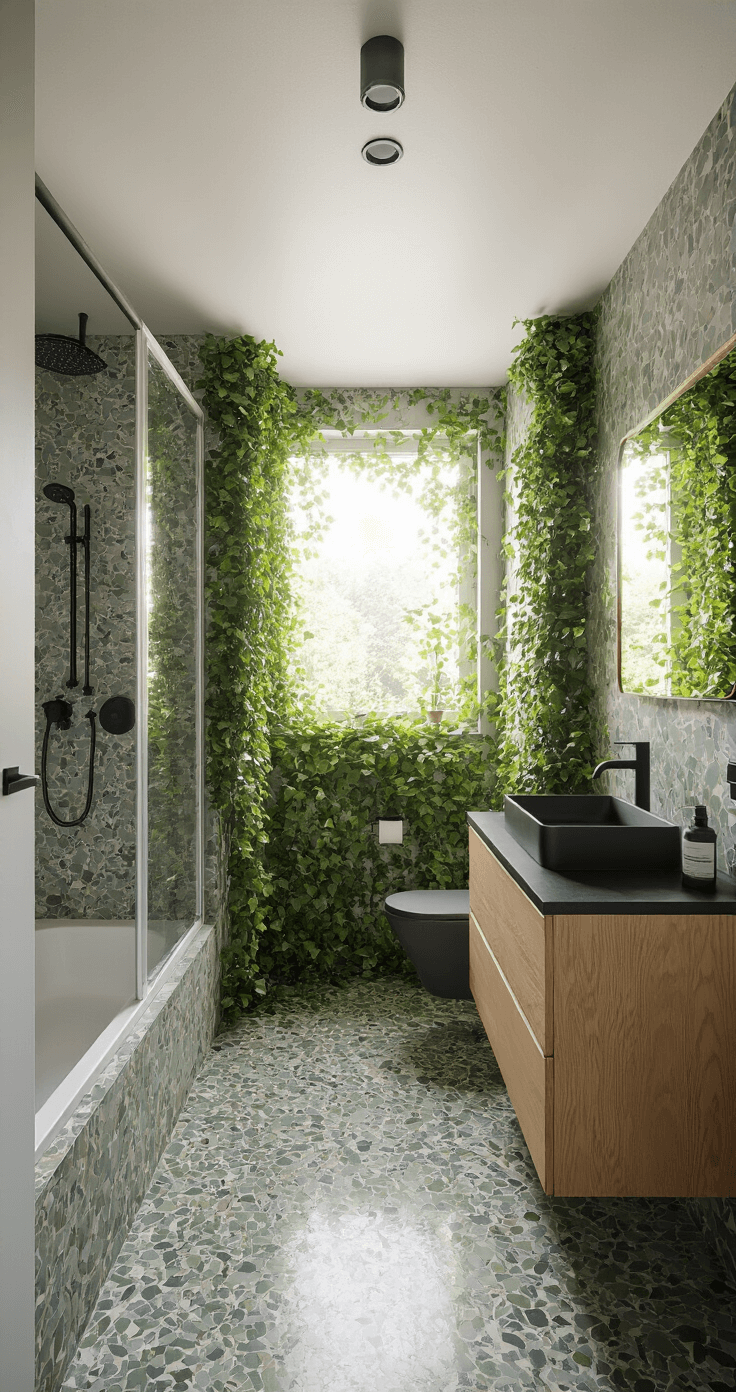Badkamer van 3x4 meter naast een klimopwand, verlicht door diffuus middaglicht. Terrazzo vloer met matzwarte kranen en een eiken badmeubel. Grote spiegelwand met groene reflecties, gestructureerd vanuit een fronthoek in een spa-achtige sfeer.