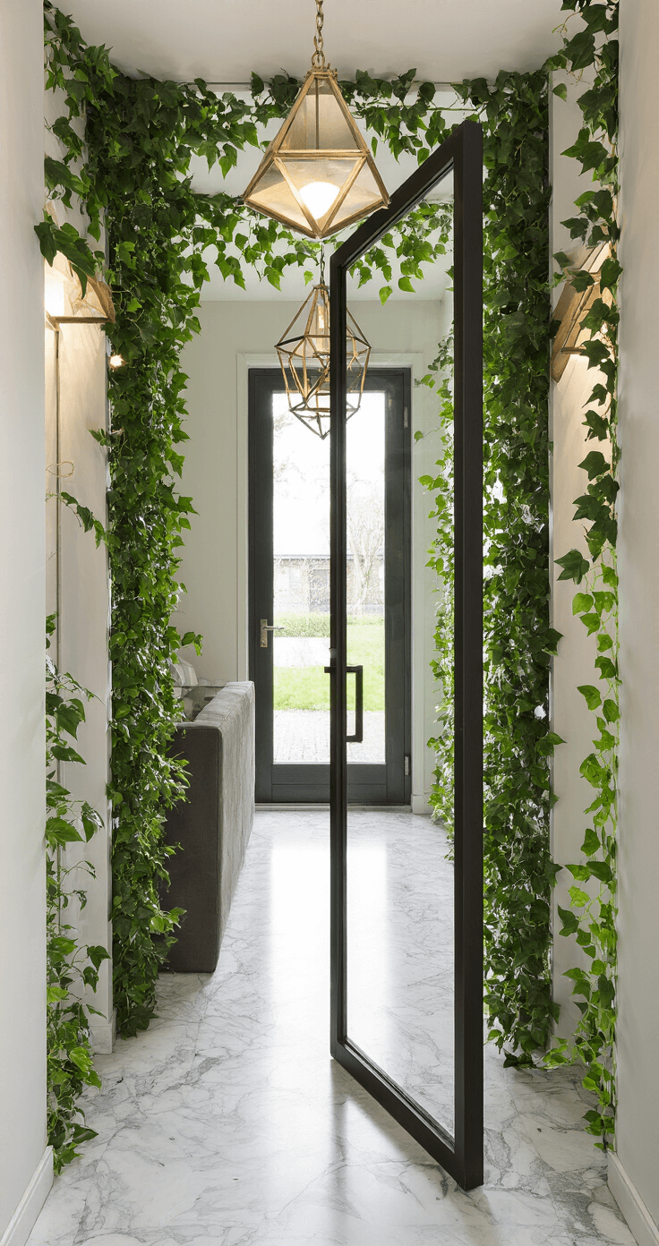 Entreehal van 3x6m met klimop-zichtlijn en natuurlijk licht door een glazen deur. Marmeren vloer, messing kapstok, geometrische wandlamp en een uitnodigende sfeer.