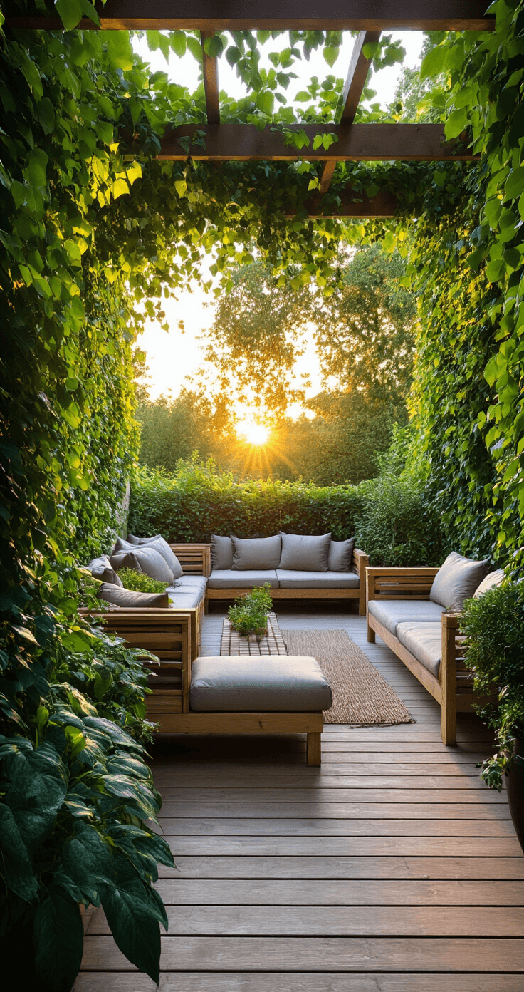 Veranda van 4x8m omringd door diverse klimopsoorten, verlicht door de gouden avondzon. Teakhouten loungesets met natuurlijke kussens en hangende planten, met een groene cocon van klimop. Breed perspectief en mediterrane sfeer.
