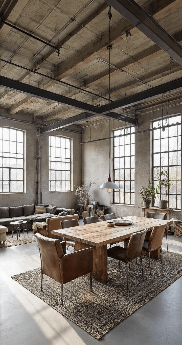 Ruime industriële woonkamer met hoge plafonds en stalen kozijnen, verlicht tijdens het gouden uurtje. Massieve eikenhouten eettafel omringd door verweerde leren fauteuils op een antraciet gemêleerd vloerkleed, met stalen wandrekken en vintage items. Betonlook muren in warm grijs en zwarte hanglamp boven de tafel.