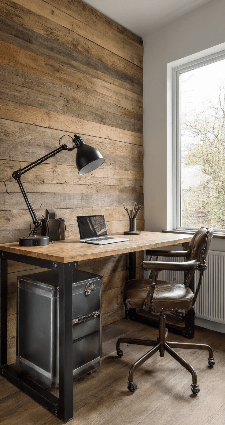 Compacte thuiswerkplek met stalen bureau en geolied eiken blad, vintage industriële stoel, steigerhouten wandplanken, gietijzeren radiatoren, en gerookte eiken vloer. De ruimte is verlicht met diffuus ochtendlicht door linnen gordijnen en heeft een kleurenpalet van antraciet, roestbruin en warm hout.