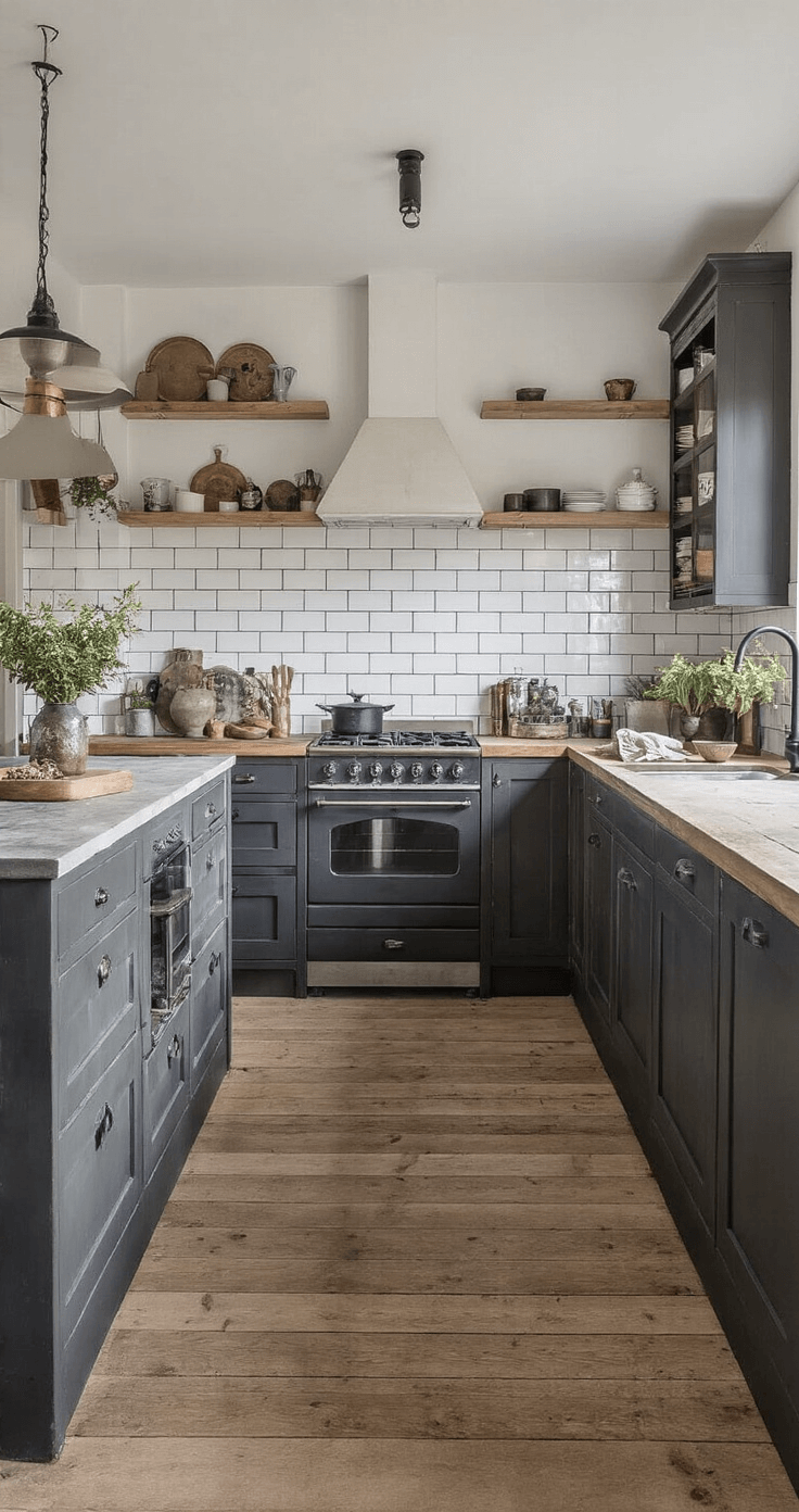 Landelijke keuken met robuuste elementen in avondlicht, betonnen werkblad op eiken onderkastjes, stalen schouw met koperaccenten, zwarte kraan, vintage keukenaccessoires, metalen wandrek met kruiden, grove houten vloerdelen, kleurenpalet van donkergrijs, naturel eiken en koper.