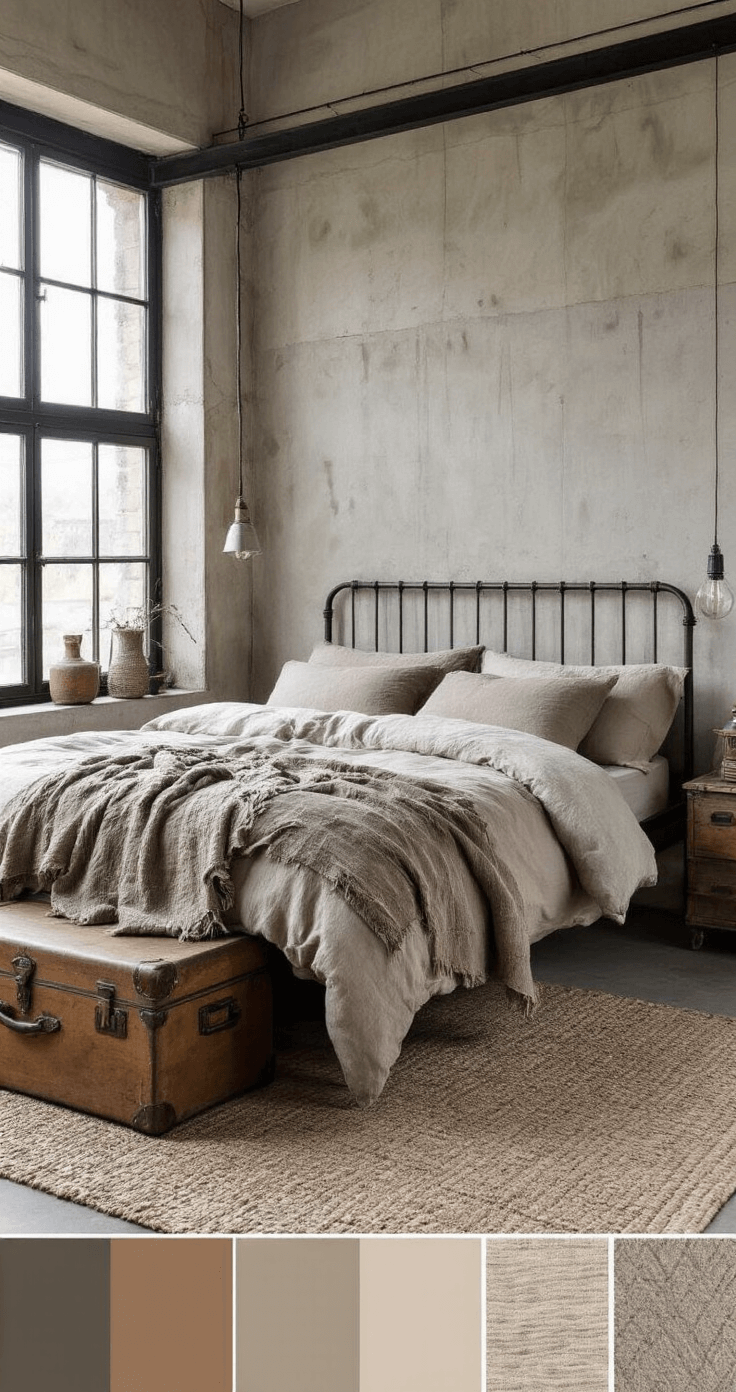 Slaapkamer in ochtendlicht met industriële elementen: stalen bedframe, linnen beddengoed, robuuste nachtkastjes van gerecycled hout, grote fabrieksramen, betonlook muur, antracieten plaid en vintage koffer, in een kleurenpalet van warm grijs, taupe en zwart.