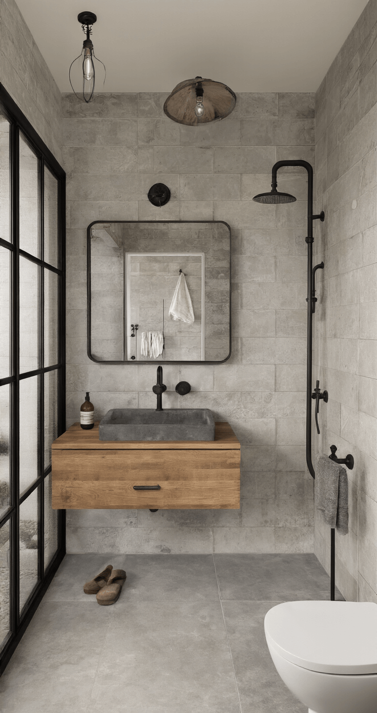 Een luxe industriële badkamer van 3x4m met betonlook tegels, een zwart stalen douchewand, een eiken wastafelmeubel met betonnen wasbak, vintage spiegels en aardetinten handdoeken in helder daglicht.