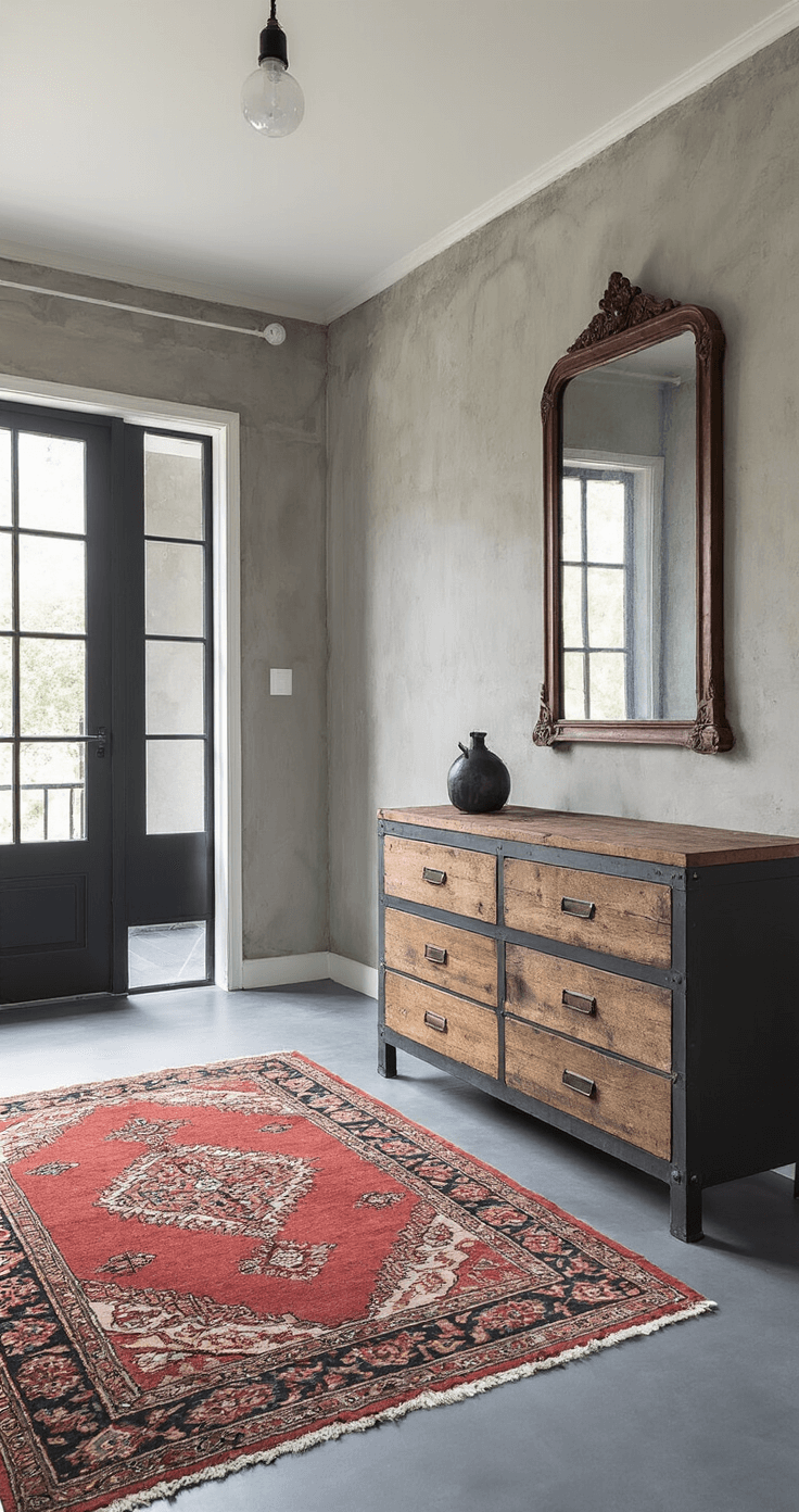 Interieur met Hal (2x5m) in namiddaglicht; antraciet gietvloer met vintage perzisch tapijt, stalen kapstok met houten details, grote industriële spiegel in roestkleur, betonlook wandafwerking, zwarte stalenlook deur; kleurenpalet van donkergrijs, roest en naturel; strijklicht vanuit bovenlicht; stoere en verwelkomende sfeer.