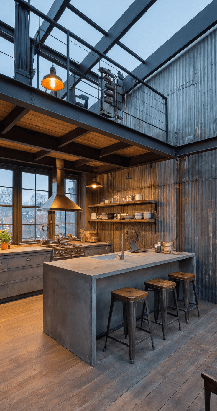 Woonkeuken van 5x7m tijdens blue hour met een robuust kookeiland van beton en staal, vintage barkrukken in verweerd leer, stalen kozijnen, oude fabriekslampen, metalen wandplanken met aardewerk en een eiken vloer. Kleurenpalet van betongrijs, roestbruin en zwart, met schemerlicht en warme spots die een industriële gezelligheid uitstralen.