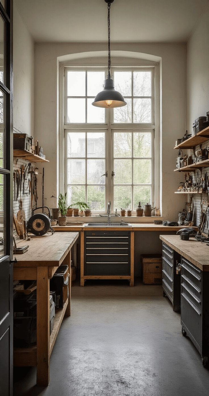 Een lichte en ruime werkplaats met grote noordelijke ramen, ochtendlicht op een robuuste houten werkbank, nieuw gereedschap op een pegboard en een vintage gereedschapskist in de hoek.