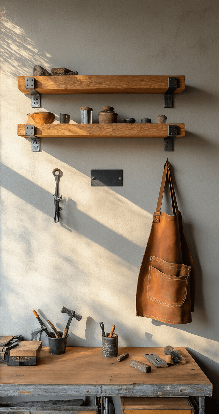 DIY-hoek van 3x3m in warm gouden namiddaglicht, met zwevende eikenhouten planken tegen een krijtmatte muur, een vintage leren schort aan een gietijzeren haak, en gereedschap op magnetische strips, met een kleurpalet van warm hout, koel metaal en industrieel zwart.