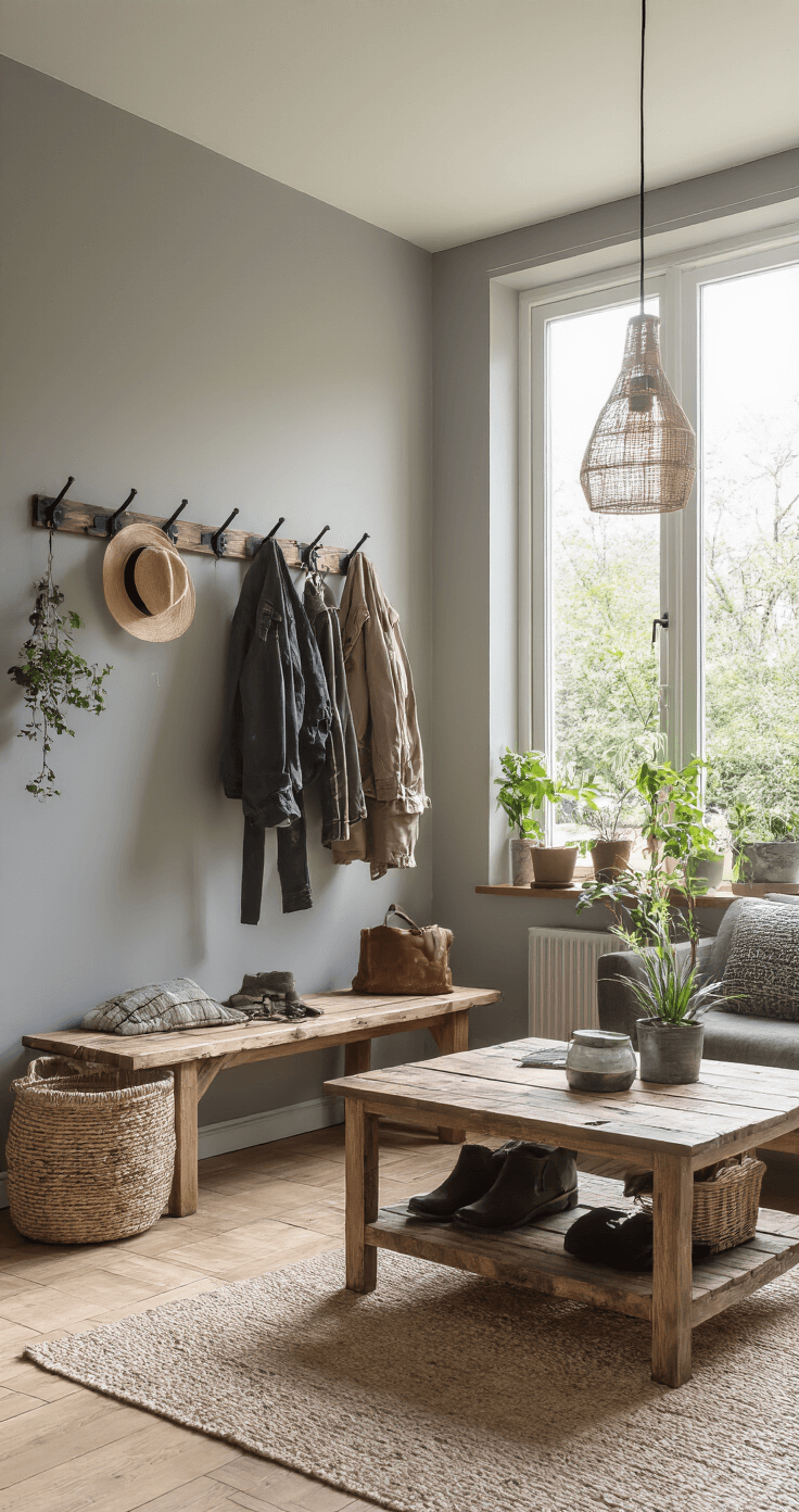 Een zonnige woonkamer met een zelfgemaakte steigerhouten kapstok en zwarte haken, verlicht door zachte middagzon. Jassen en tassen hangen tegen een lichtgrijze muur, terwijl de terrazzovloer en urban jungle elementen de Scandinavisch industriële stijl benadrukken.