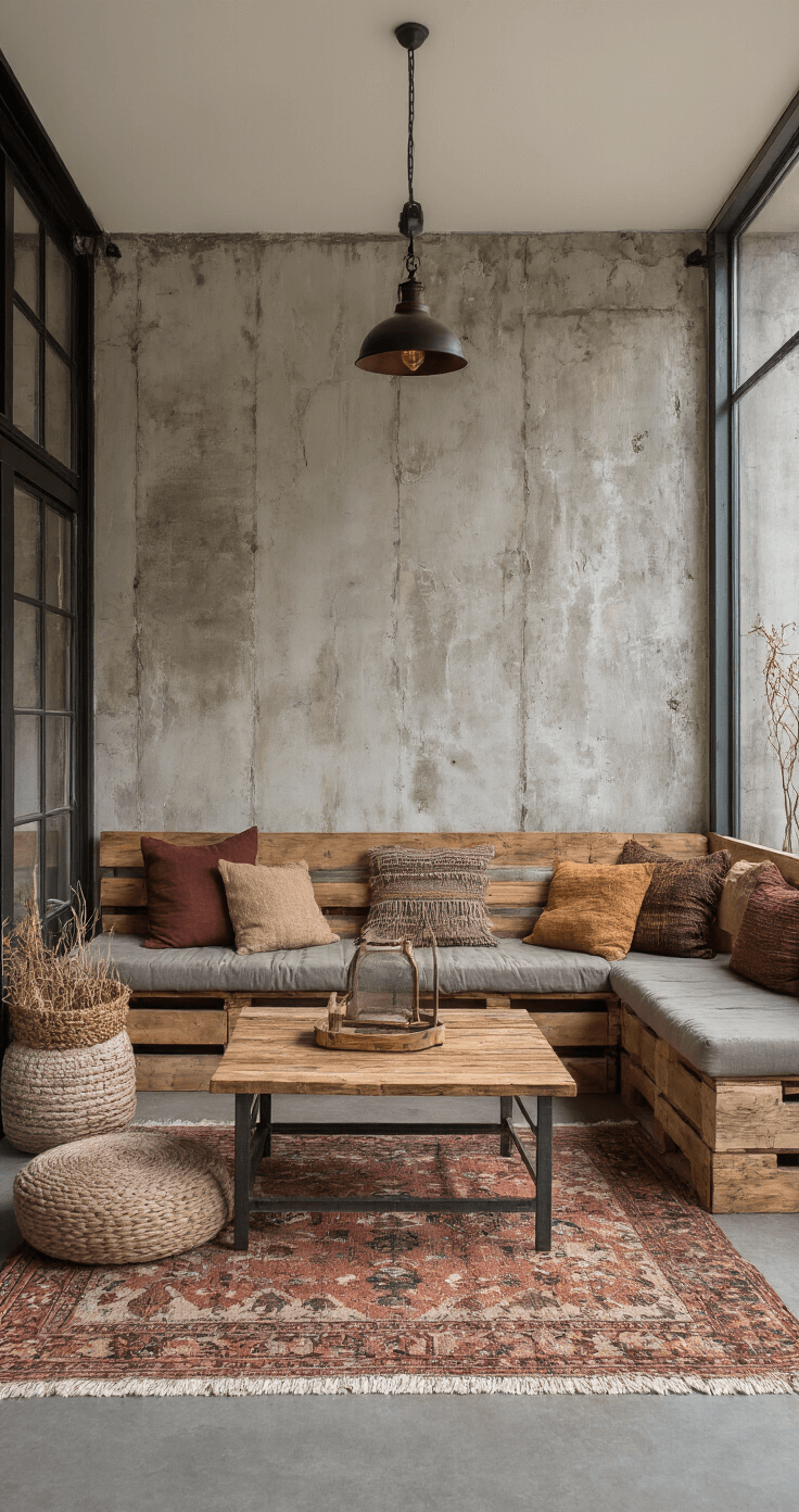 Gezellige hoekopstelling met zelfgebouwde pallethouten bank, aardetinten kussens, handgeweven plaids, vloerlamp voor indirect avondlicht, verweerde houten elementen en betonlook muren, vintage tapijt en industriële salontafel, vastgelegd vanuit een laag standpunt.