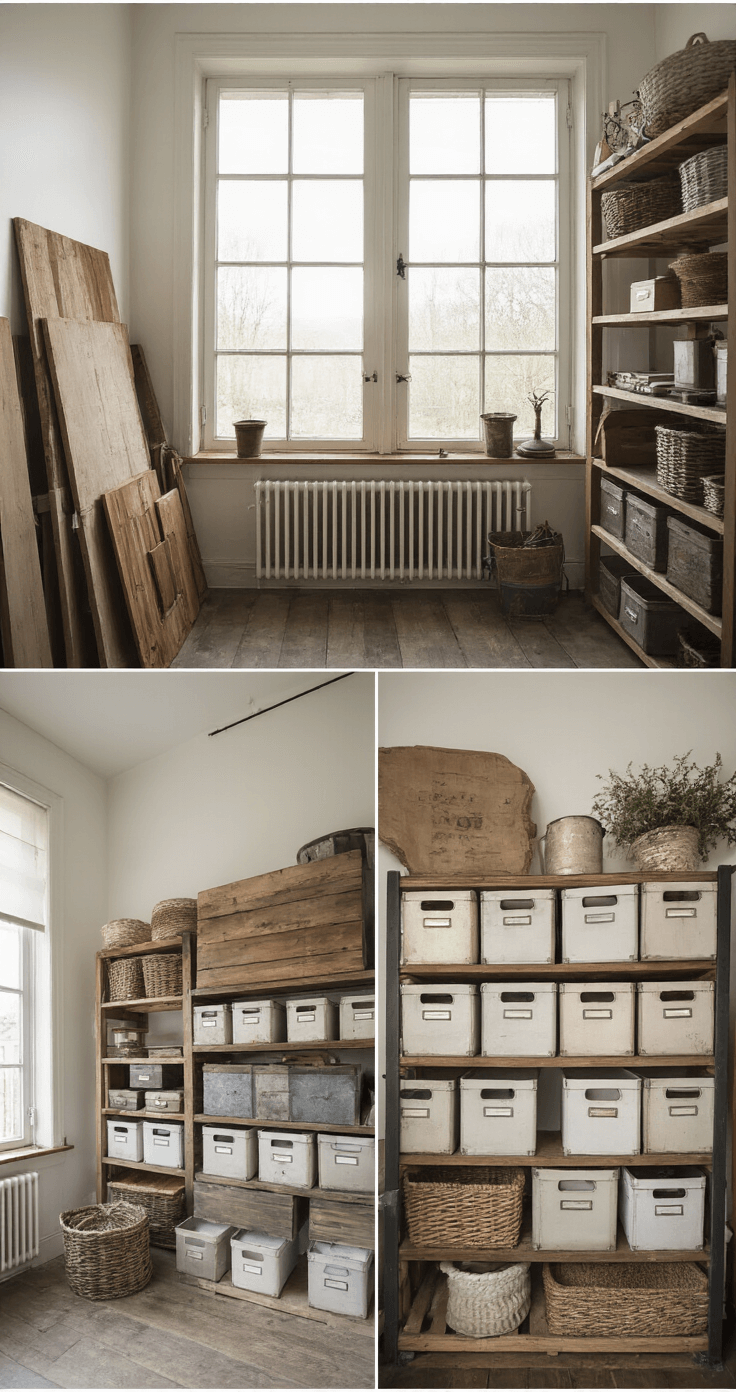 Een opgeruimde DIY-werkhoek met hergebruikte materialen in vintage kratjes, handgemaakte opbergsystemen van steigerhout en staal, en warme houtaccenten tegen koele grijstinten in ochtendlicht.