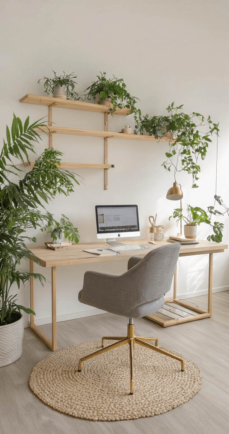 Moderne thuiswerkplek (3x3m) met bamboe wandplanken, een minimalistisch bureau en ergonomische stoel, verlicht door middaglicht dat op messing details reflecteert. Hanging plants en botanische accenten creëren een rustige sfeer in een neutrale basis.