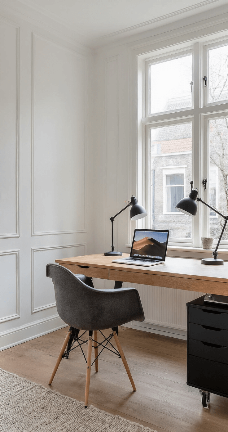 Moderne thuiskantoor met wit geschilderde muren en een massief eiken bureau, gefotografeerd in de ochtendzon. De ruimte bevat een industriële zwarte bureaulamp en een MacBook Pro, met een minimalistisch zwart-wit kleurenschema. Kabels zijn netjes gebundeld in een designkabelbox, met een focus op een opgeruimde uitstraling.