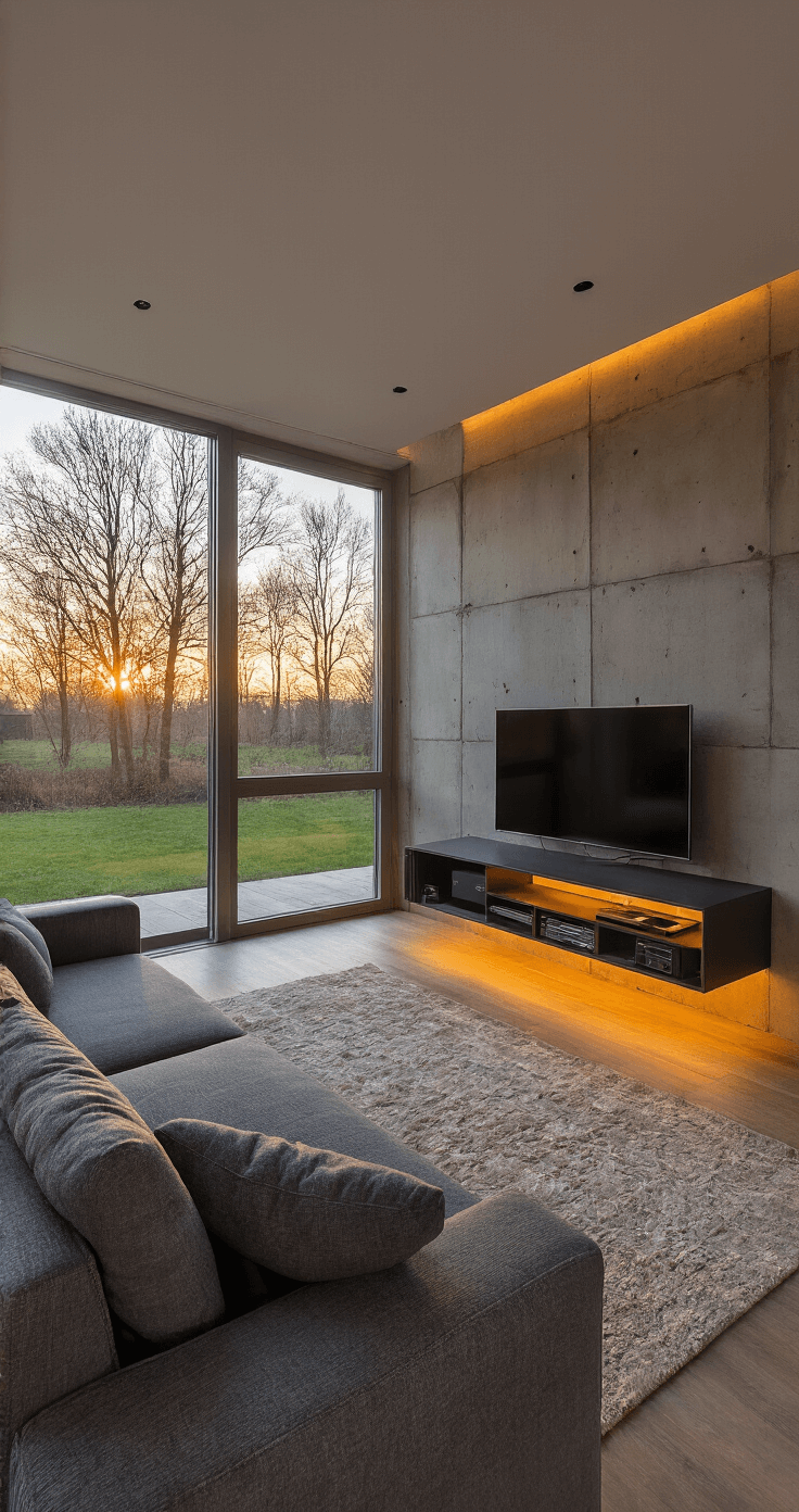 Strakke woonkamer van 6x8 meter met moderne flatscreen aan een betonlook wand, antracietgrijze hoekbank met chaise longue, en warme houttinten, verlicht door de gouden avondzon.