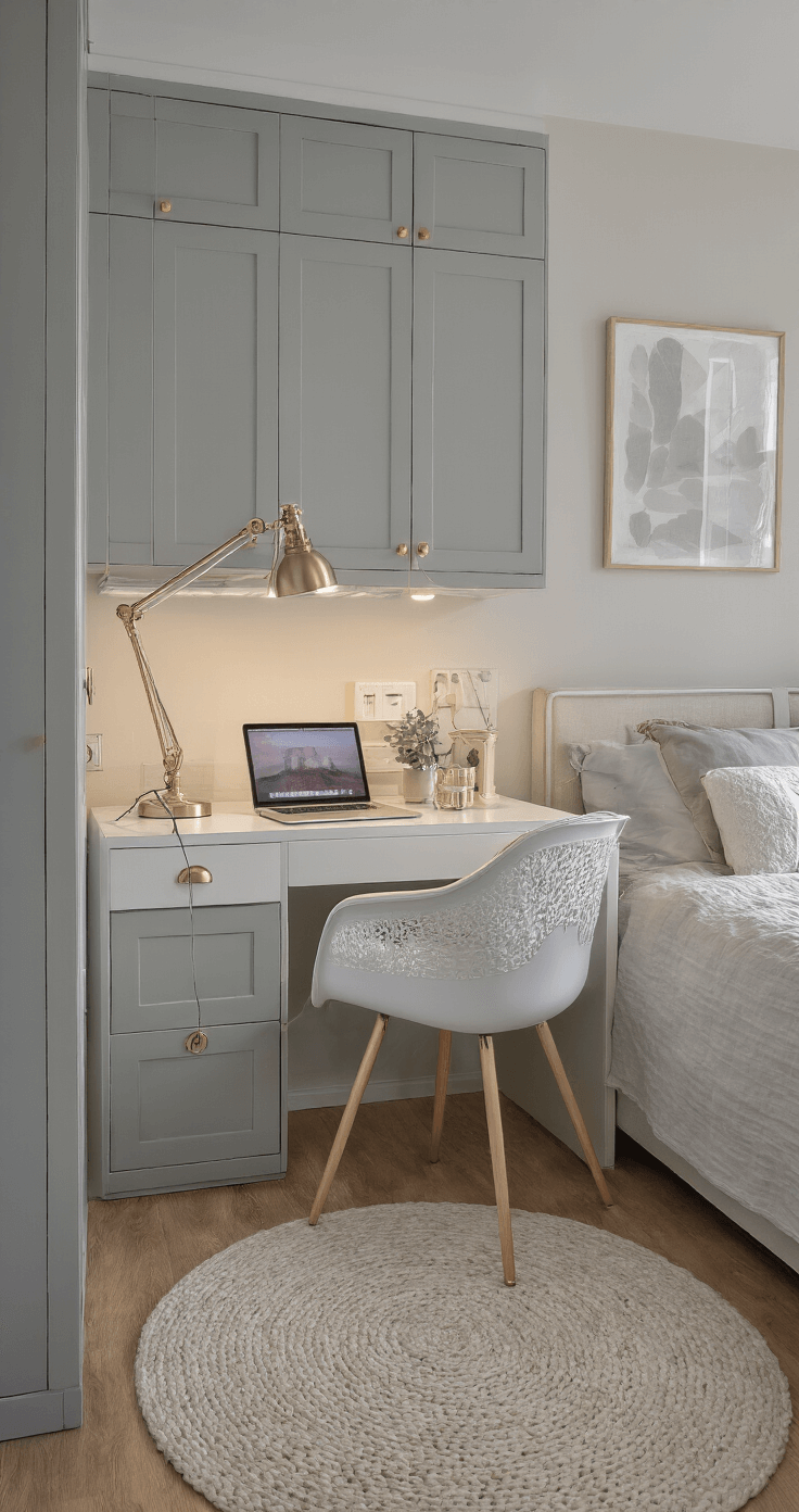 Compacte thuiswerkplek in slaapkamer van 3x4 meter met zachtgrijs wandmeubel en wit bureau, verlicht door diffuus natuurlijk licht.