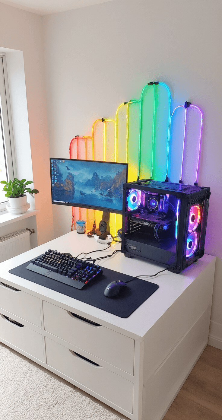 Kinderkamer van 4x5 meter in ochtendlicht met speelse kabeloplossingen en gekleurde kabelclips in een regenboogvorm langs een witte muur. Gaming setup met neon-verlichting en netjes weggewerkte kabels in transparante kabelgoten. Felgekleurde accenten tegen een lichte basis, gezien vanuit vogelperspectief.