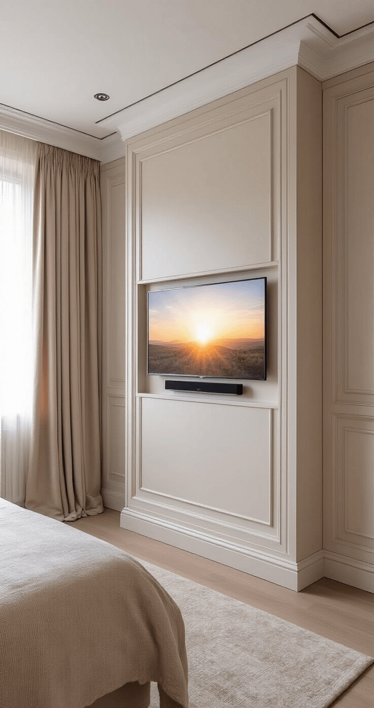 Luxe hoofdslaapkamer van 5x6 meter met ingebouwde televisiewand, champagnekleurige details en zijden gordijnen, gefotografeerd tijdens zonsondergang met warm strijklicht en een intieme sfeer.