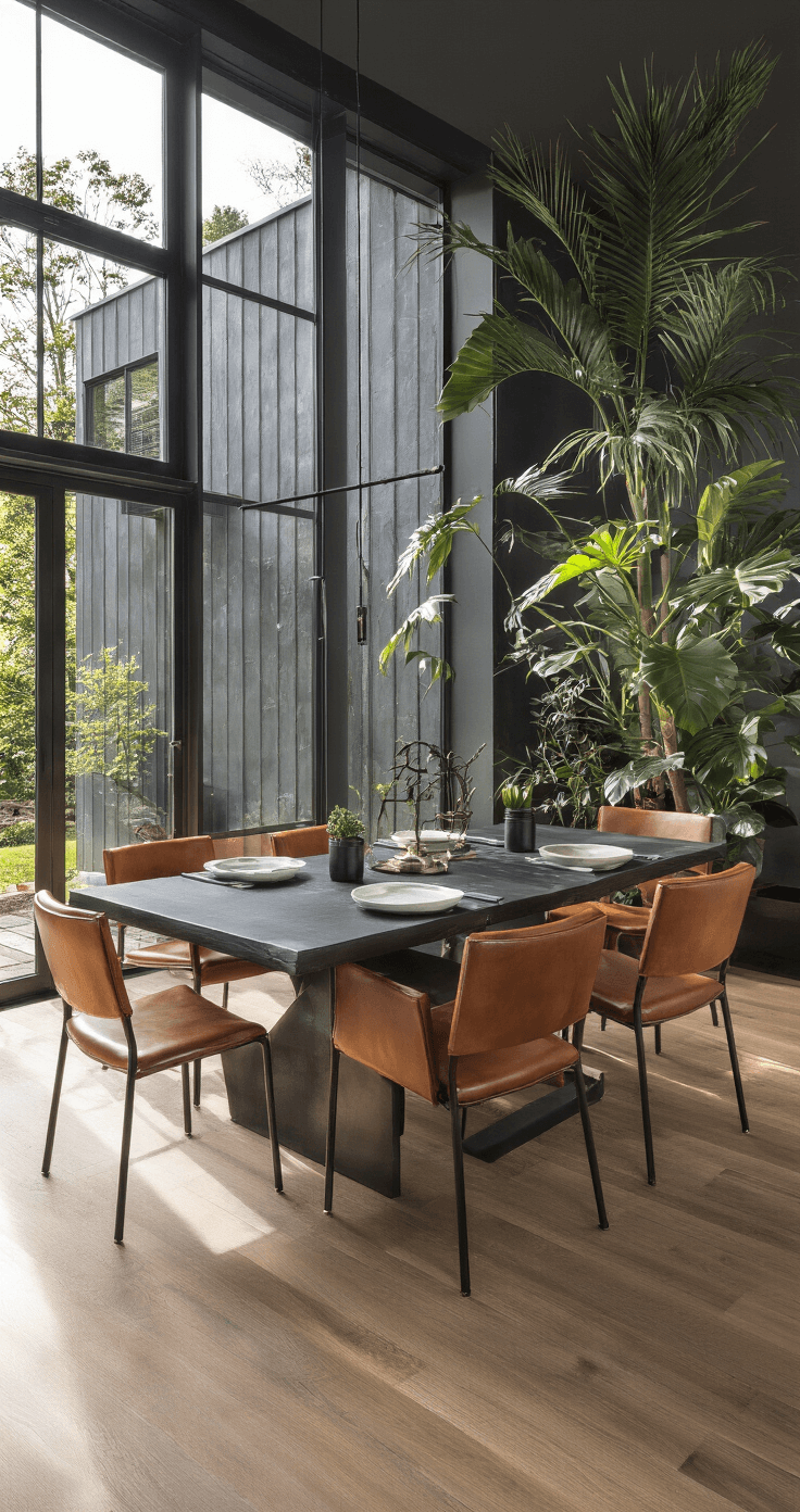 Moderne eetkamer met een strakke border van Japanse Kardinaalsmuts, zwart metalen tafel met eiken blad, cognackleurige leren stoelen, en grote groene planten onder geometrische schaduwen van industriële kozijnen. High-angle shot met een sfeer van urban sophistication.