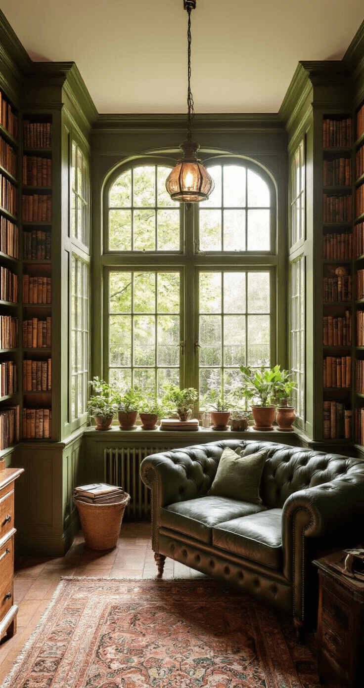 Gezellige studeerkamer met klassieke Chesterfield in British racing green, omringd door donker mahonie boekenkasten en botanische prenten, uitkijkend op bloeiende Vlinderstruiken, verlicht door warm gouden namiddaglicht.