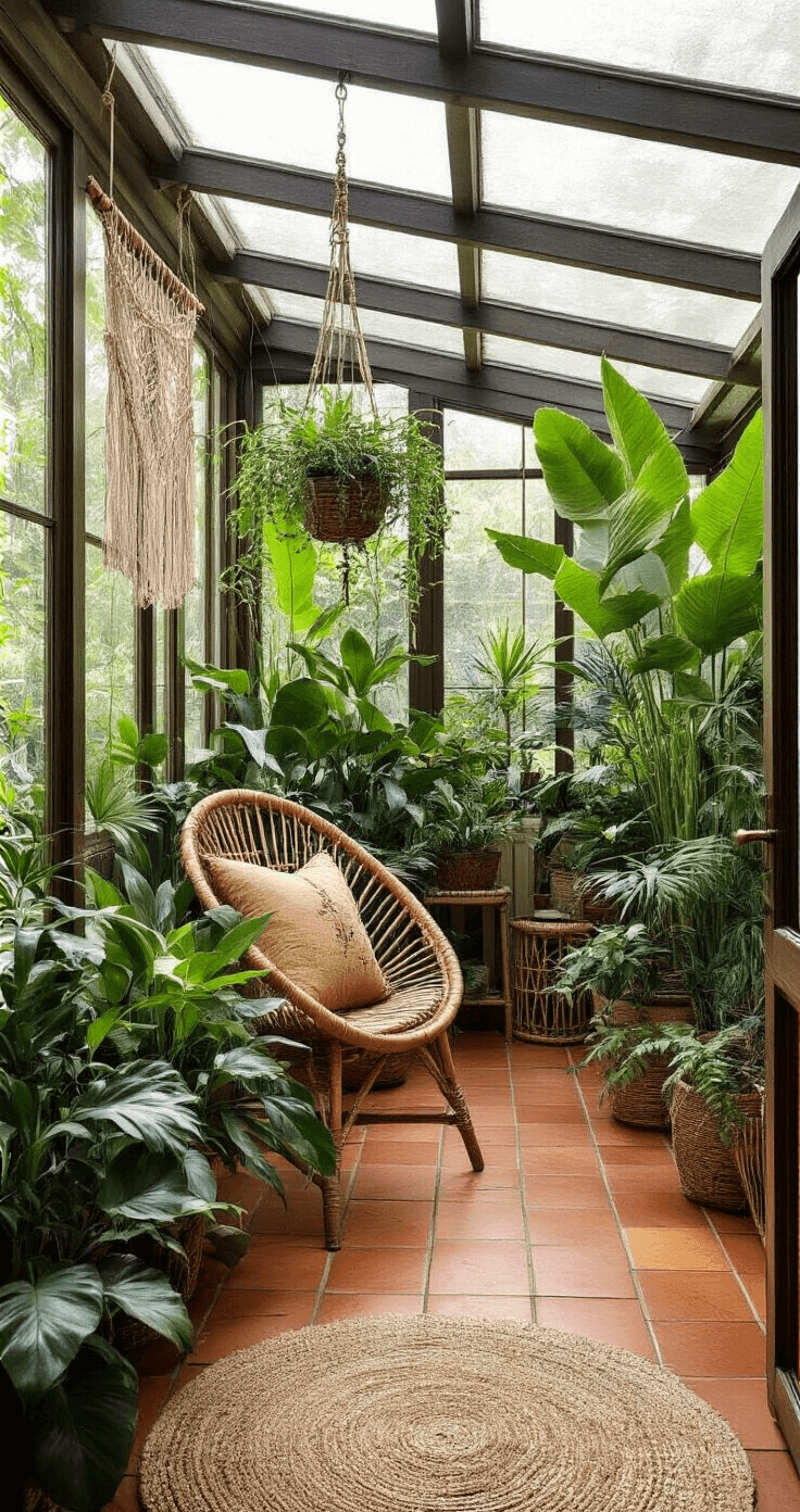 Botanische luxe serre met Vingerplanten, rotan hangstoel en bamboe roomdivider, verlicht door diffus middaglicht door een matglas dak. Terrazzovloer met groene accenten en macramé wanddecoratie, in junglegroen, zacht terracotta en goud, vanuit vogelperspectief.