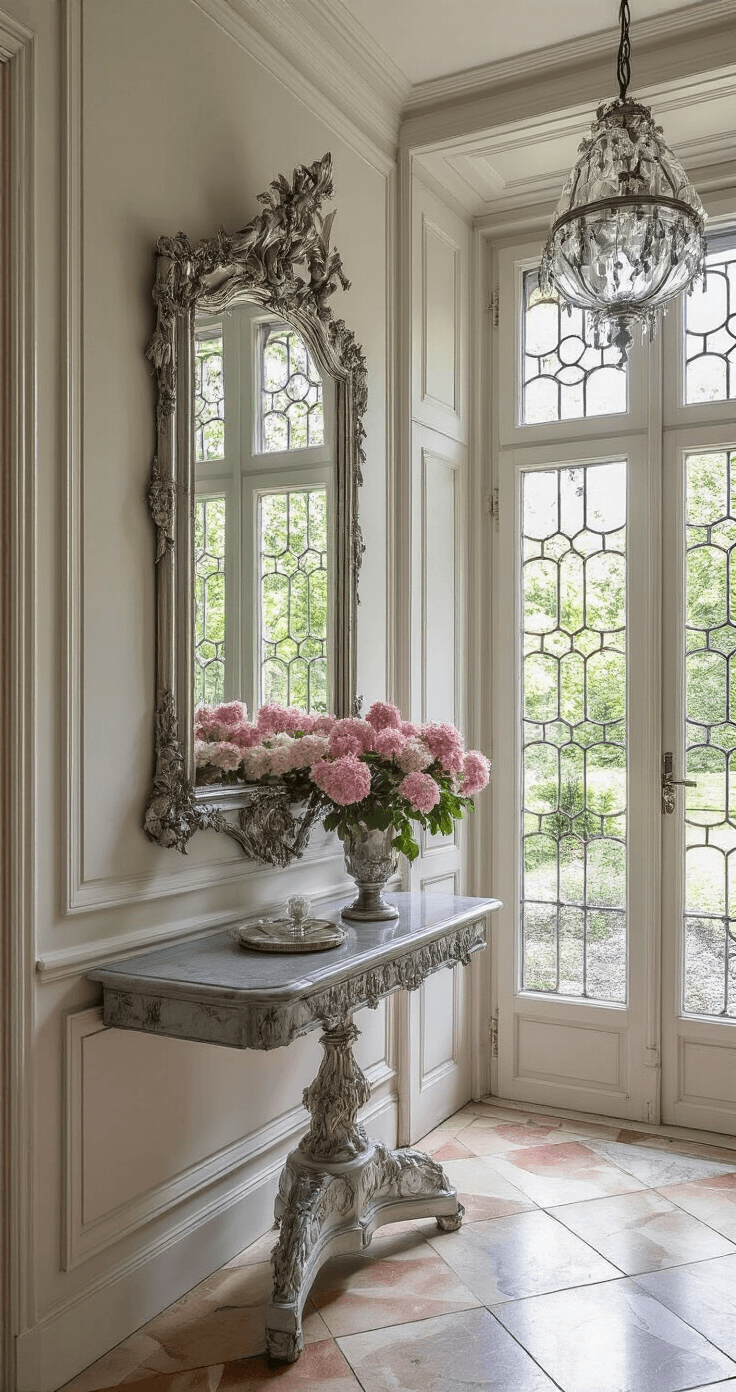 Elegante entreehal met antieke consoletafel en grote verzilverde spiegel, verlicht door een kristallen kroonluchter. Ochtendlicht door glas-in-lood ramen werpt gekleurde patronen op de marmeren visgraatvloer. Rhododendrontuin zichtbaar op de achtergrond. Kleurenpalet in pasteltinten en zachtroze.