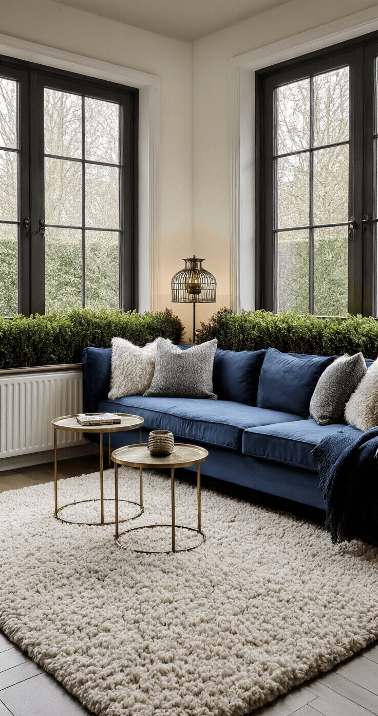 Intieme loungehoek met nachtblauwe velours hoekbank, messing bijzettafels en een wollig berber tapijt, verlicht door schemerlicht. De ruimte is naast een raam met een wintergroene Skimmia border, en heeft een kleurenpalet van diepblauw, messing en crème, wat bijdraagt aan een cozy luxury sfeer.