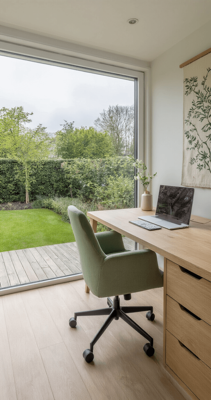 Moderne thuiswerkplek met uitzicht op een gevarieerde border met Sneeuwbal en Magnolia, helder noorderlicht door een panoramaraam. Inclusief licht essenhouten bureau, sage groene ergonomische stoel, zwevende wandplanken en handgeweven wandkleed met botanisch motief. Kleurenpalet van bleek hout, sage en wit, met een focus op zen productiviteit.