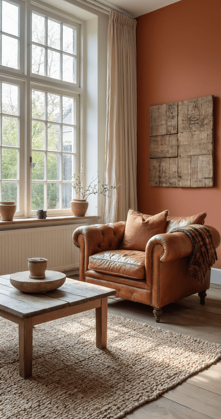 Ruime woonkamer met hoge ramen en middagzonlicht, vintage cognac leren fauteuil in leeshoek, witgeschilderde muren met terracotta kleuraccent, gerecyclede houten planken als wanddecoratie, natuurlijk daglicht met zachte schaduwen, gelaagde texturen met grof geweven plaids en linnen kussens op een jute vloerkleed, bohemian-industriële sfeer.