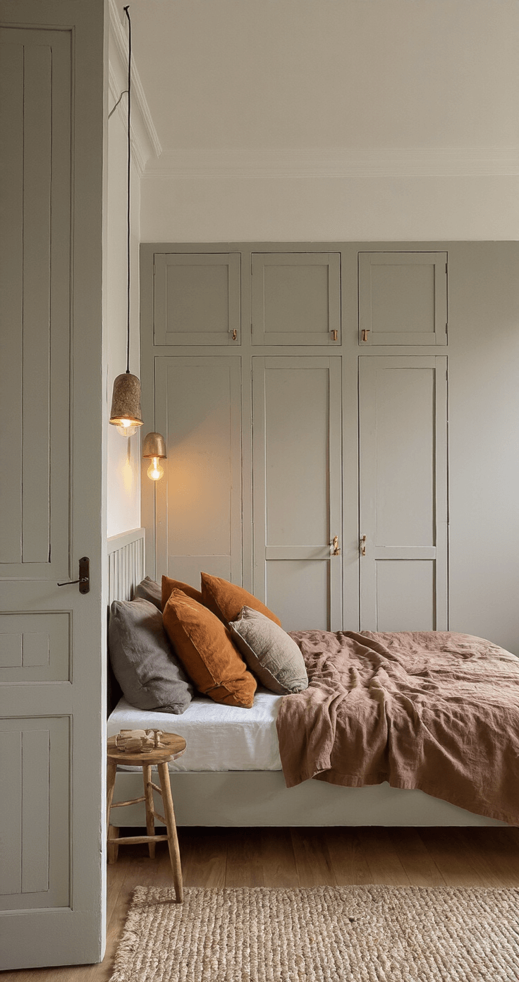 Compacte slaapkamer van 4x4m tijdens het gouden uurtje, met zachtgrijze kastfronten en messing handgrepen. Centraal staat een bed met vintage kussens in aardtinten en een DIY hoofdbord van pallethout, verlicht door de warme avondzon die de texturen accentueert. De sfeer is sereen en intiem, met materialen zoals velours, katoen en verweerd hout.