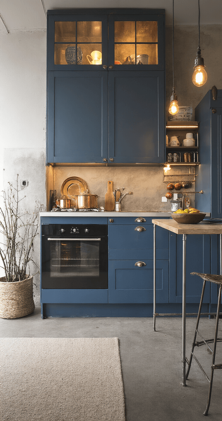 Moderne keuken in ochtendlicht met diepblauwe gerenoveerde fronten, originele betonnen werkbladen en koperkleurige pannen, gezien vanuit vogelperspectief.