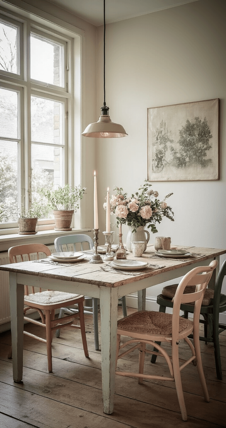 Knusse eethoek bij schemering met een opgeknapte vintage eettafel en pastelgekleurde stoelen, sfeervol verlicht door kaarsen en zachte omgevingsverlichting.