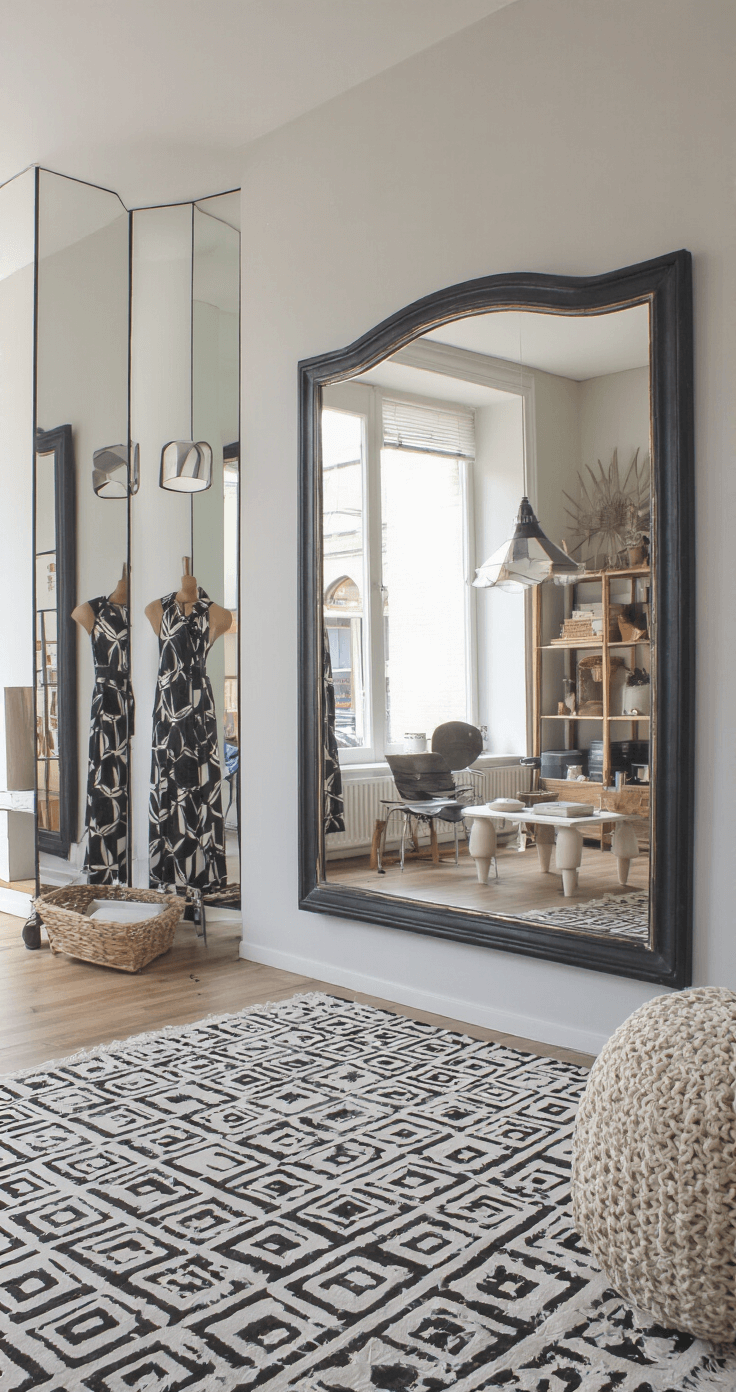 Moderne eclectische hal met indirect daglicht, featuring een wand met spiegels in verschillende formaten van Marktplaats, een Kwantum vloerkleed met geometrisch patroon, en een opgeknapte matzwart kringloop kapstok, gefotografeerd vanuit een laag standpunt.