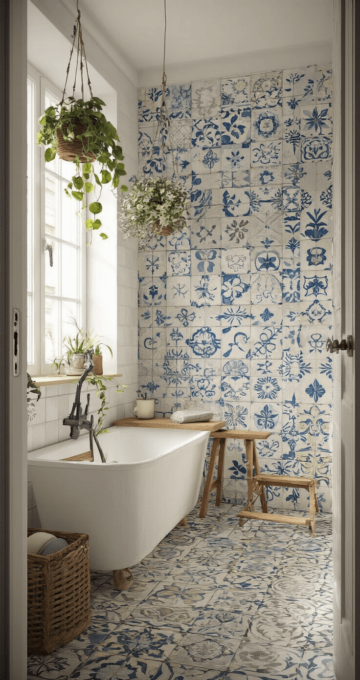 Moderne badkamer van 2x3m in ochtendschemering, met tegelstickers in Portugees patroon op oude tegels, houten accessoires van Action zoals planken en een krukje, mandjes en hangplanten die leven brengen. De foto is frontaal genomen vanaf de deuropening met zacht diffuus licht dat de texturen accentueert, wat zorgt voor een spa-achtige rust.
