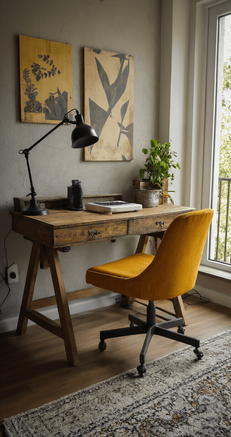 Thuiswerkplek van 2x2m met DIY bureau van een oude deur op schragen, een vintage bureaustoel in mosterdgeel, en muurstickers als abstracte kunst. Drie-kwart aanzicht in natuurlijk strijklicht met bureaulamp accent, wat een creatieve en productieve atmosfeer creëert.
