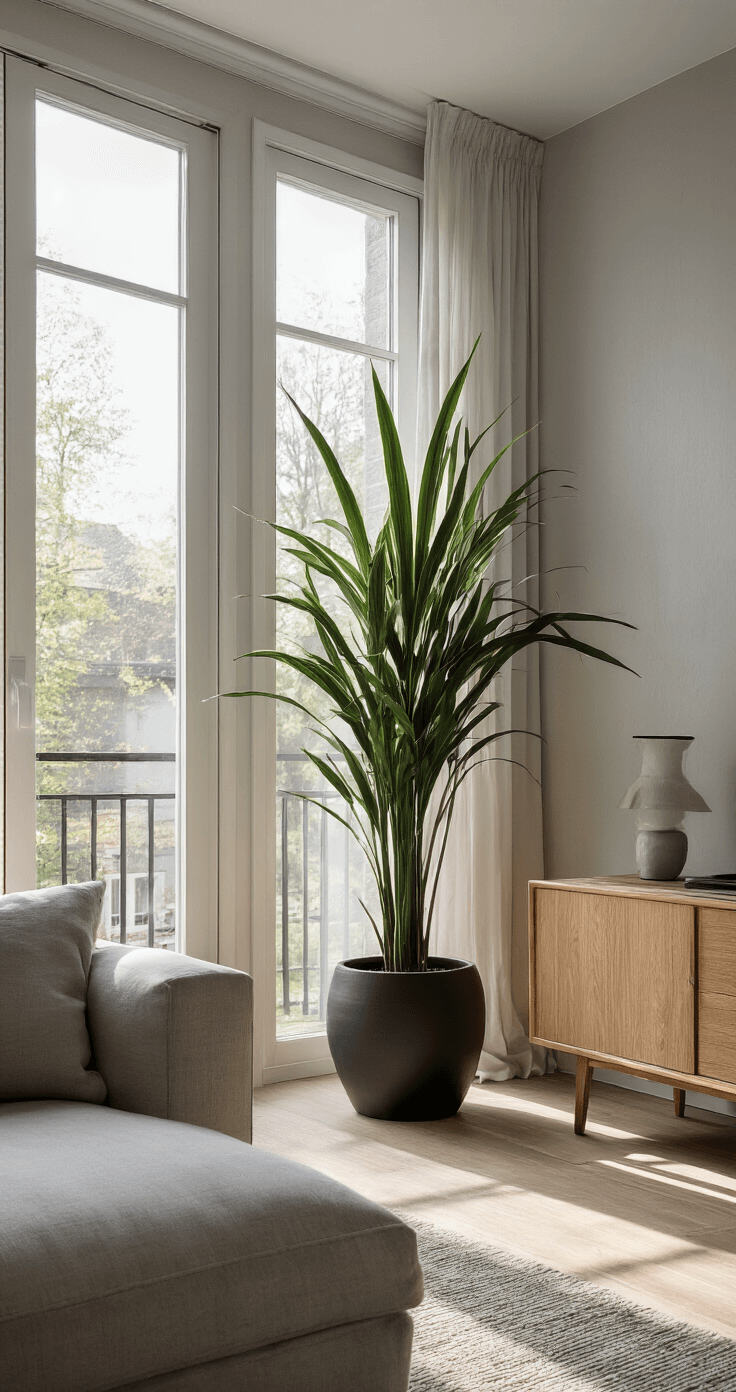 Moderne woonkamer met grote raampartijen en middaglicht. Een Sansevieria in een matzwarte pot op een eiken sideboard werpt schaduwen op een lichtgrijze muur. Interieur in Scandinavische minimalistische stijl met natuurlijke materialen, sereen en luchtig.