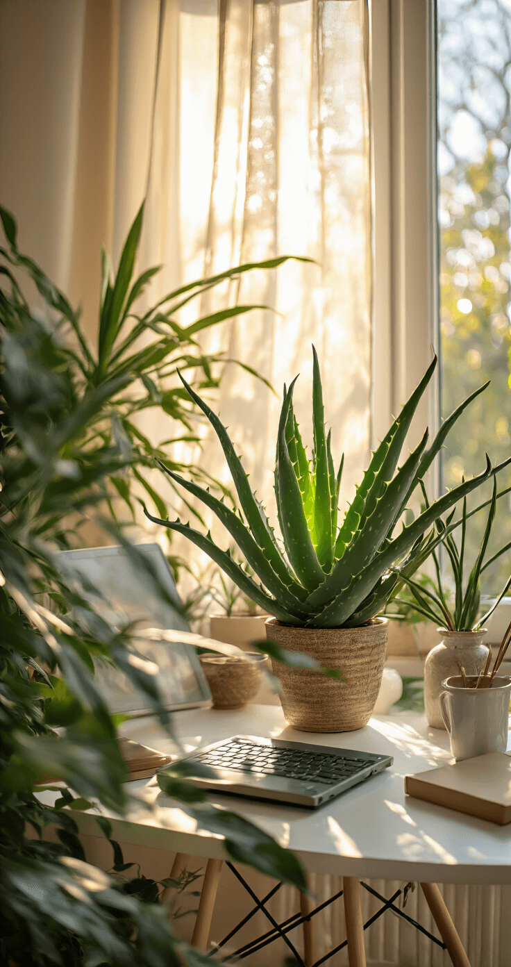 Een zonnige thuiswerkplek met een grote Aloë Vera als blikvanger op een wit bureau, omringd door ochtendzon en vitrage, met een ergonomische stoel, laptop en designaccessoires in messing. Focus op plantdetails met een bokeh-achtergrond, stralend een productieve en zen sfeer uit.