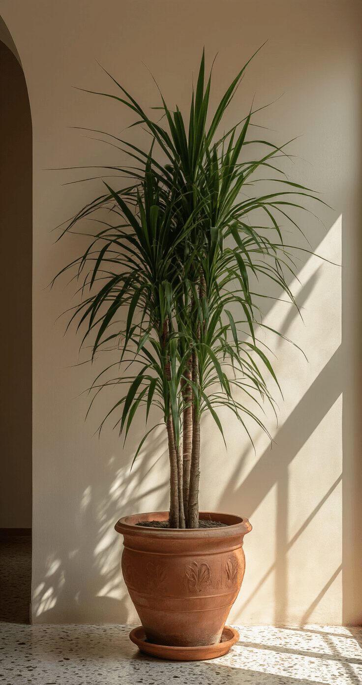 Een ruime hal met een hoge plafond, centraal een statige Dracaena in een terra cotta pot op een vintage marmeren zuil, verlicht door indirect licht via een dakraam. De terrazzo vloer en warmwitte muren creëren een elegante sfeer, terwijl koperen wandlampen subtiele accenten geven. Het kikvorsperspectief benadrukt de hoogte en dramatische schaduwen.