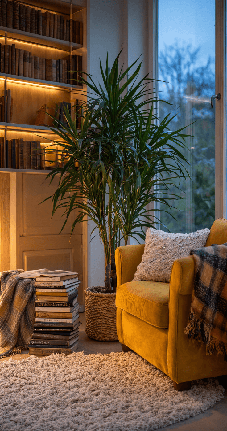 Een knusse leeshoek met een grote Dracaena als roomdivider, voorzien van gedimde spotverlichting en een mosterdgele velours fauteuil. Omringd door gestapelde vintage boeken en een wollen plaid, creëert de setting een warme en contemplatieve sfeer.