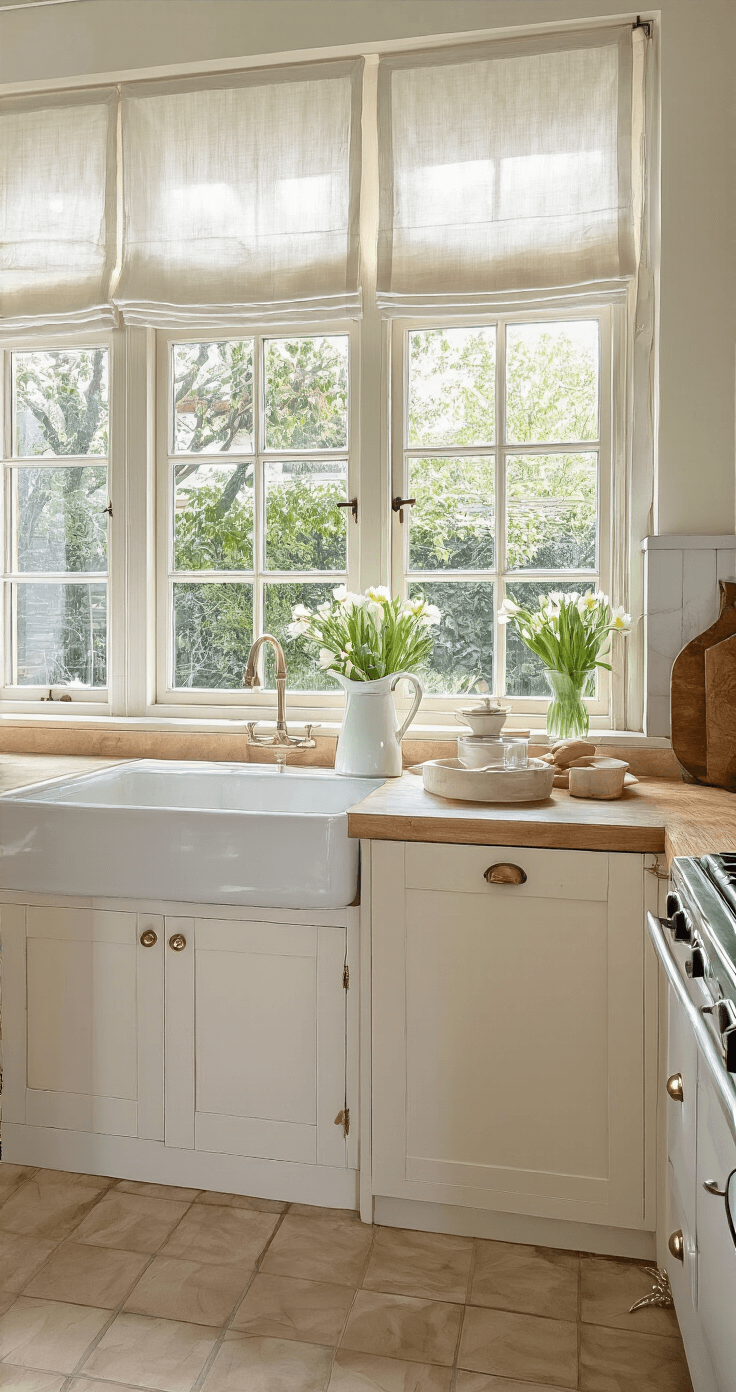 Ruime landelijke woonkeuken in ochtendlicht met crèmewitte shaker-kasten, verweerd eikenhouten werkblad, porseleinen spoelbak met narcissen in een vintage melkkan, grote raampartijen met witte linnen gordijnen, terracotta vloertegels en koperen pannen.