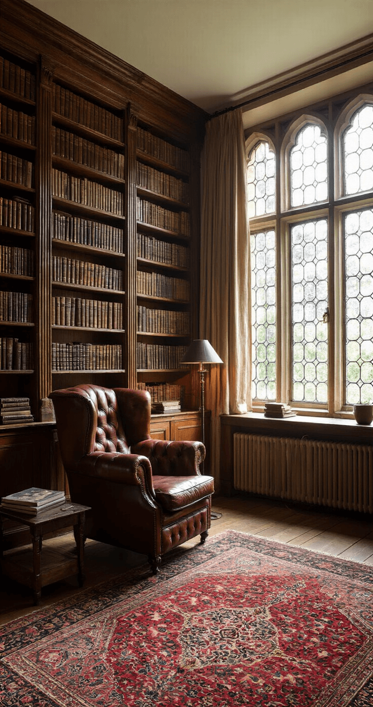 Een intieme studeerkamer met een antieke Chesterfield in cognackleurig leer voor een wandvullende boekenkast van donker eikenhout, verwarmd door een messing leeslamp. Een Perzisch tapijt in dieprood en indigo en zonlicht dat door glas-in-lood ramen valt creëren een contemplatieve sfeer.