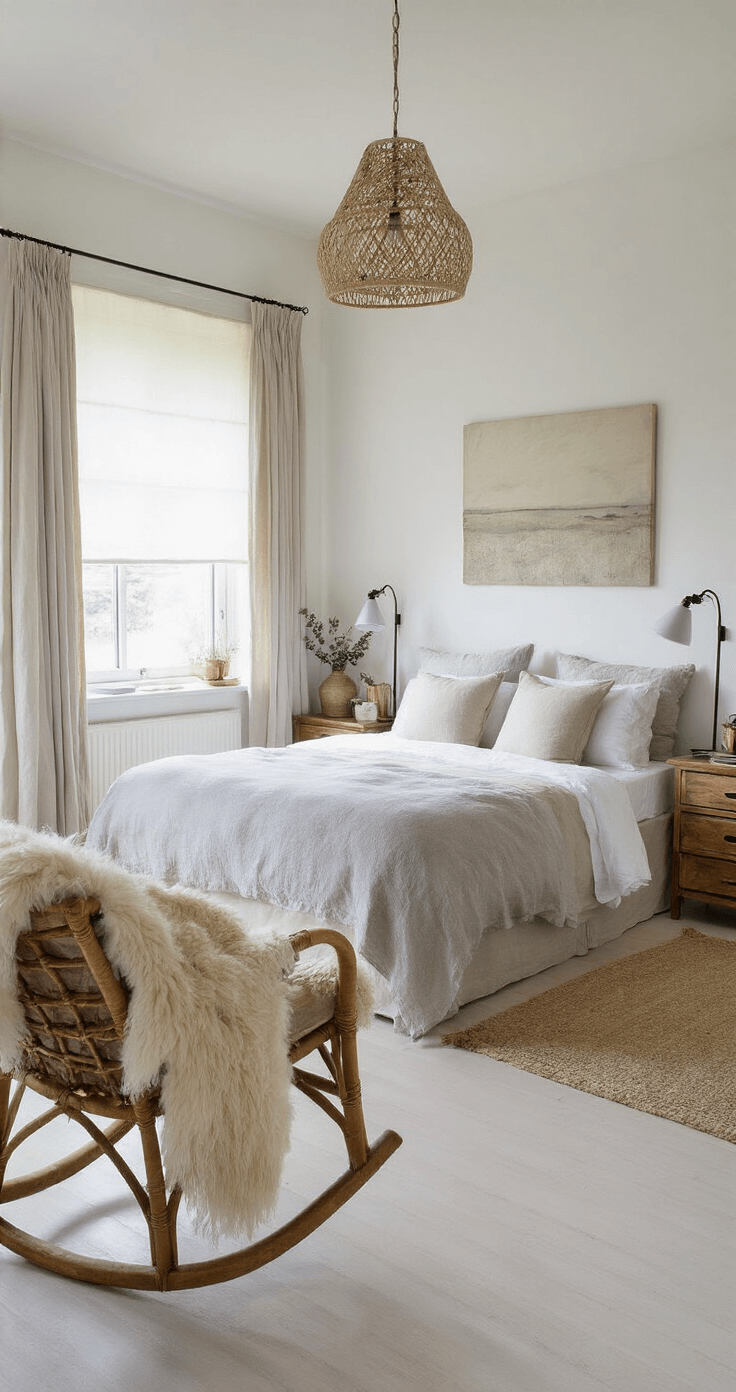 Een serene slaapkamer bij zonsopgang met een box-spring bed in zachtgrijs, vintage nachtkastjes, kalkwitte muren en een rotan schommelstoel met schapenvacht, gevuld met diffuus ochtendlicht en pasteltinten.