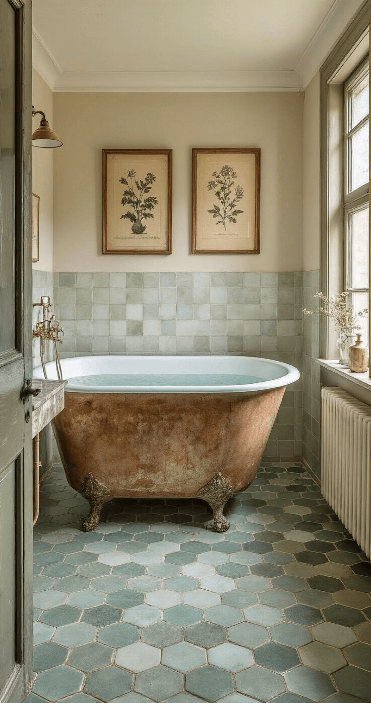 Rustieke badkamer met gietijzeren vrijstaand bad op koperen pootjes, omringd door hexagonale cementtegels in zeegroen. Marmeren console met oude apothekersflesjes vangen het middaglicht, terwijl metalen kranen met patina karakter toevoegen. Botanische prenten in verweerde lijsten decoreren de muren, accentueert door helder daglicht.