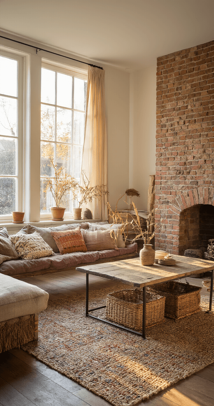 Gezellige woonkamer tijdens golden hour met een robuuste hoekbank, vintage kelimkussens, een industriële salontafel, rieten manden en handgeweven textiel, allemaal in warm avondlicht.