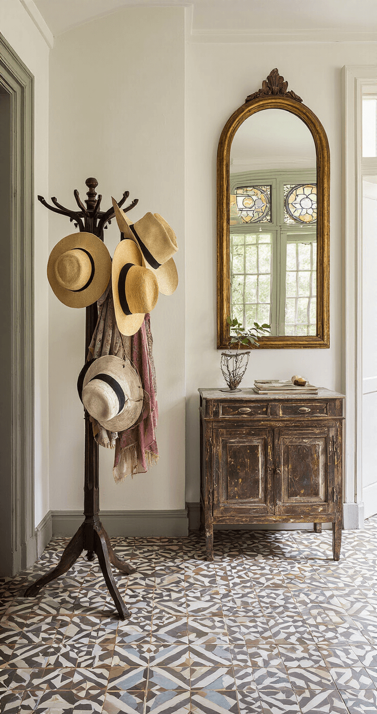 Een karaktervolle hal met antieke kapstok, vintage hoeden, verweerde console met patina spiegelt, grote ronde bronzen spiegel en geometrische encaustic tegels op de vloer, verlicht door sfeervol natuurlijk licht door glas-in-lood bovenlichten.