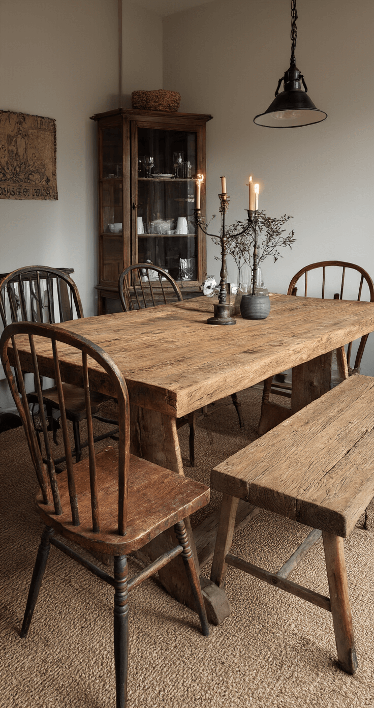 Een knusse eetkamer met hergebruikt scheepshout, vintage stoelen en een oude vitrinekast, verlicht door industriële hanglampen en kaarslicht.